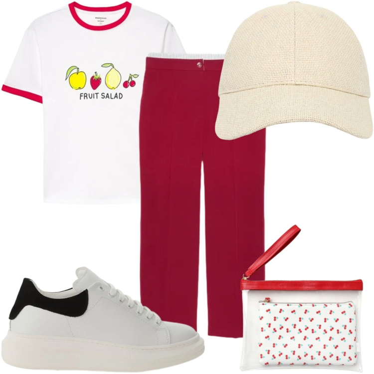 Outfit donna - Stampe che illuminano -in rosso. Stile Trendy per Tutti i giorni. Abbinamento con cappelli con visiera, pochette, t-shirt, sneakers, pantaloni.