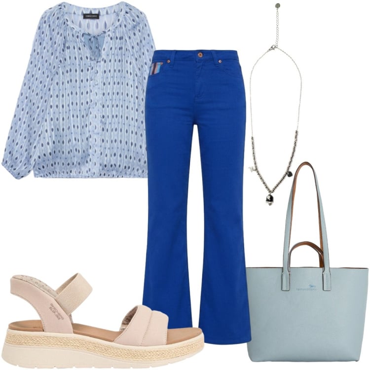 Outfit donna - Stampe che illuminano -70s. Stile 70s per Tutti i giorni. Abbinamento con sandali, pantaloni, shopping bag, ciondoli, bluse.