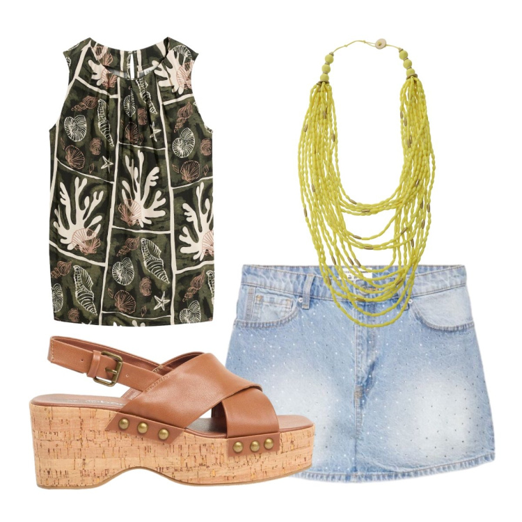 Outfit donna - Top elegante. Stile Trendy per Tutti i giorni. Abbinamento con canottiere, zeppe, shorts, collane.