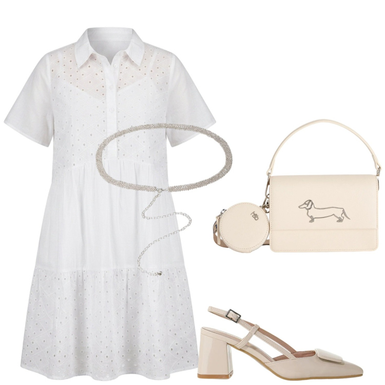 Outfit donna - Bianco d’estate. Stile Chic per Serata fuori. Abbinamento con décolleté, borse a tracolla, vestiti corti, cinture.