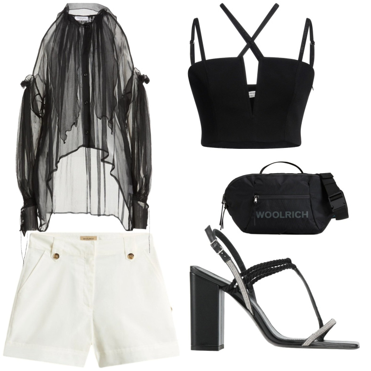 Outfit donna - Una camicia e sei in vacanza. Stile Urban per Serata fuori. Abbinamento con infradito, top, camicie, borse a tracolla, pantaloni corti.