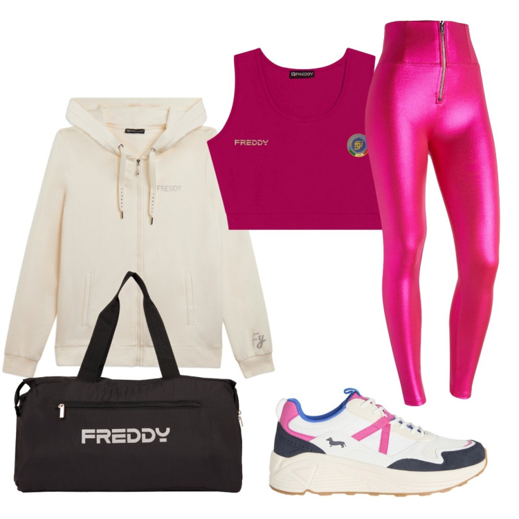 Outfit donna - Total look #2437451. Stile Casual per Sport. Abbinamento con sneakers, pantaloni skinny, felpe sportive, borse sportive, top sportivi.