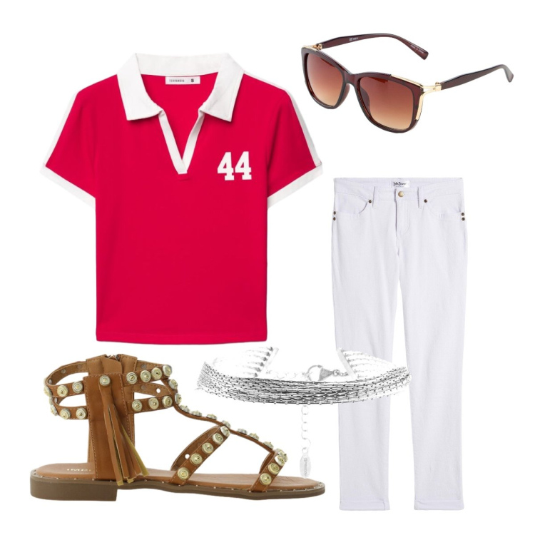 Outfit donna - Sporty chic. Stile Sporty chic per Tutti i giorni. Abbinamento con jeans dritti, occhiali da sole, polo, sandali, braccialetti.