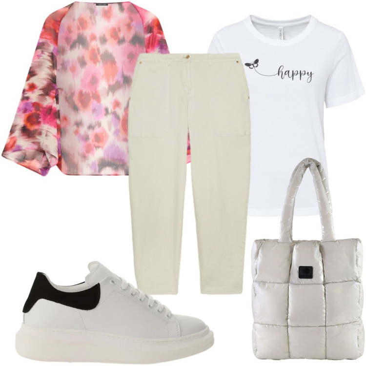 Outfit donna - Stampe che illuminano -la giacca. Stile Trendy per Tutti i giorni. Abbinamento con t-shirt, sneakers, pantaloni cargo, blazer, shopping bag.