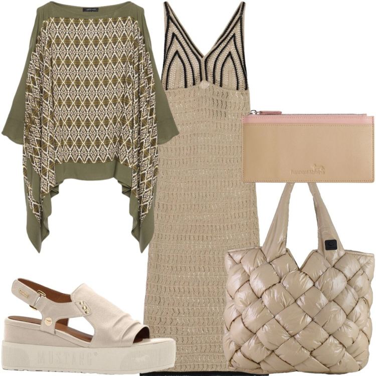 Outfit donna - Stampe che illuminano -etnico. Stile Etnico per Tutti i giorni. Abbinamento con sandali, vestiti midi/longuette, portafogli, bluse, borse tote.