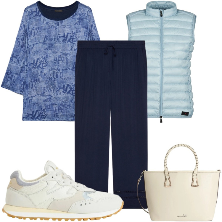 Outfit donna - Stampe che illuminano -in blu. Stile Casual per Tutti i giorni. Abbinamento con shopping bag, pantaloni, bluse, piumini, sneakers.