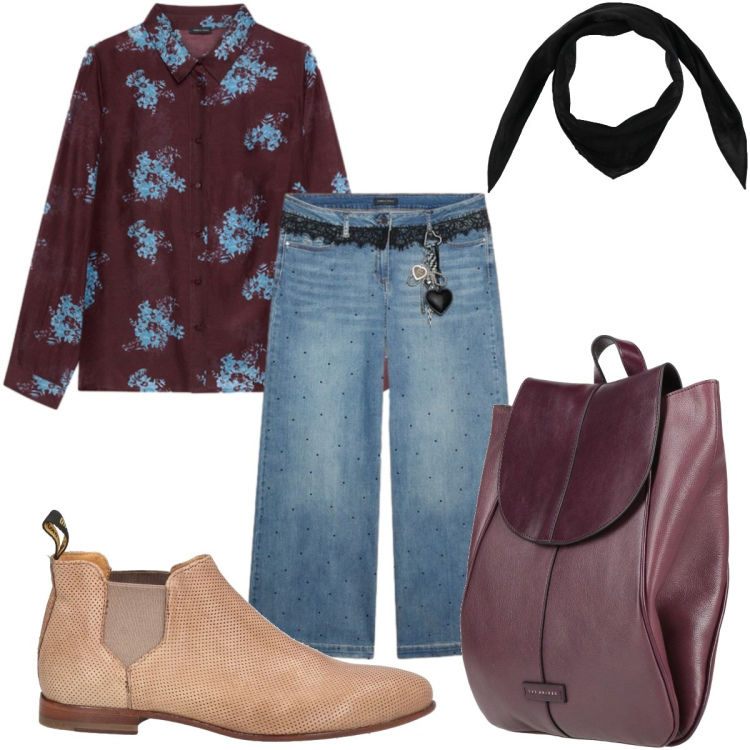 Outfit donna - Stampe che illuminano -casual. Stile Casual per Tutti i giorni. Abbinamento con sciarpe, stivaletti chelsea, zaini, camicie, jeans.