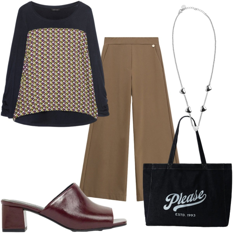 Outfit donna - Stampe che illuminano:70s. Stile 70s per Tutti i giorni. Abbinamento con ciabatte, collane, t-shirt, shopping bag, pantaloni a palazzo.
