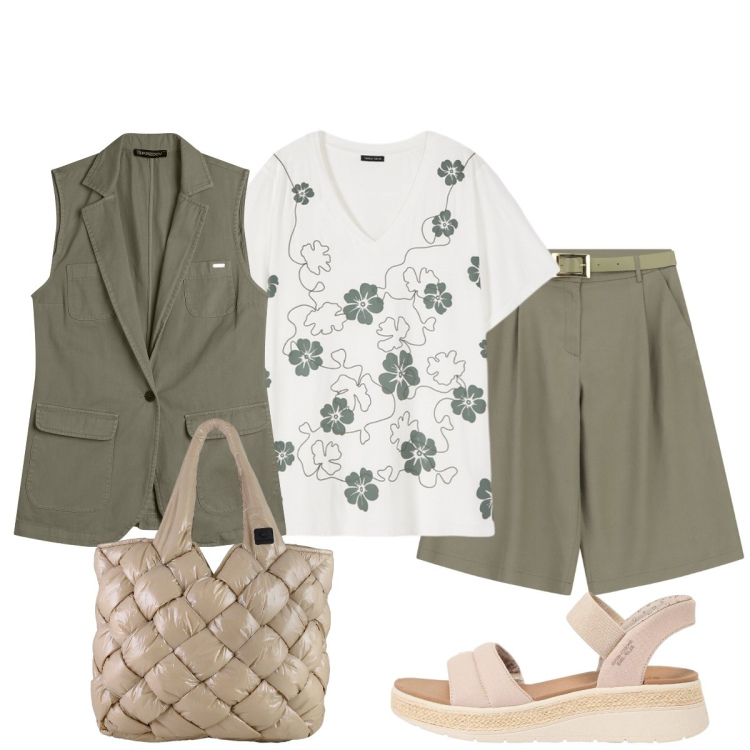 Outfit donna - Easy chic in verde salvia. Stile Chic per Tutti i giorni. Abbinamento con sandali, bermuda, t-shirt, gilet, borse tote.