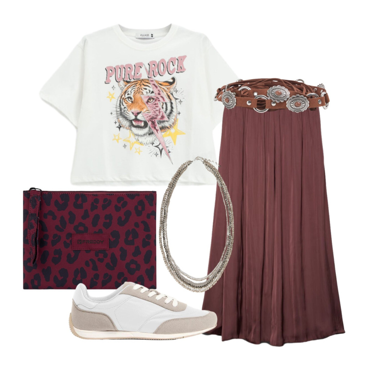 Outfit donna - Luglio. Stile Rock per Tutti i giorni. Abbinamento con sneakers, gonne longuette, cinture, t-shirt, collane, clutch.