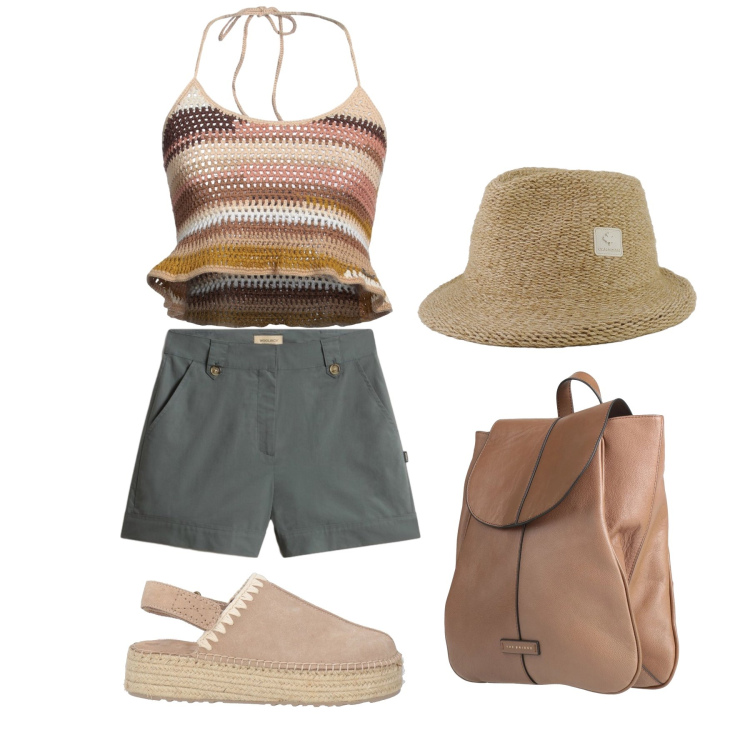 Outfit donna - Luglio. Stile Casual chic per Tutti i giorni. Abbinamento con zaini, espadrillas, top, cappelli, pantaloni corti.