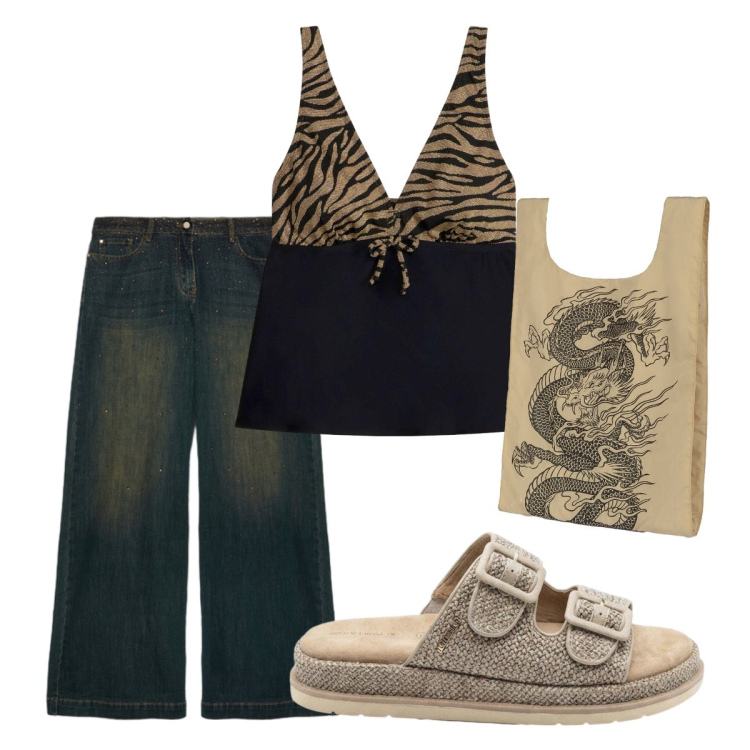 Outfit donna - Luglio animalier. Stile Casual per Tutti i giorni. Abbinamento con canottiere, ciabatte, jeans, shopping bag.