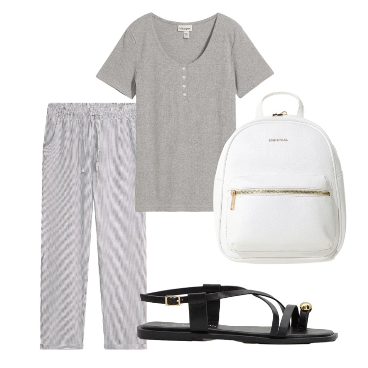 Outfit donna - Luglio. Stile Minimal per Ufficio. Abbinamento con pantaloni, t-shirt, sandali, zaini.
