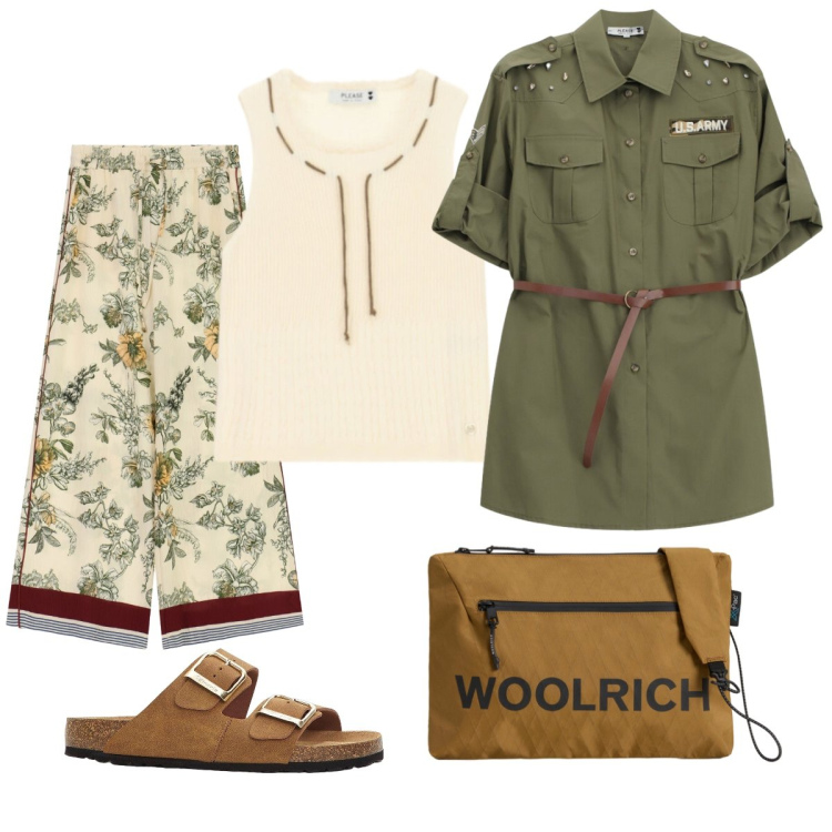 Outfit donna - Casual versatile. Stile Casual chic per Tutti i giorni. Abbinamento con ciabatte, pantaloni a palazzo, camicie, top, borse a tracolla.