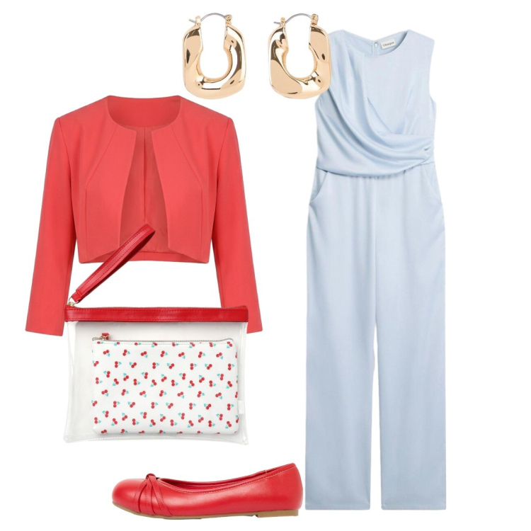 Outfit donna - Cerimonia. Stile Chic per Cerimonia. Abbinamento con tute, ballerine, orecchini, pochette, bolero.