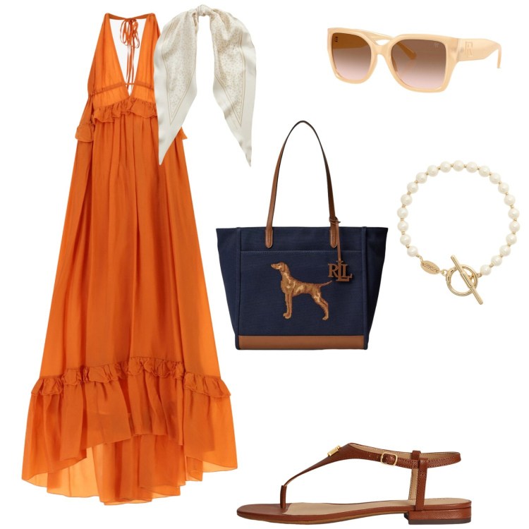 Outfit donna - Summer Sale Style. Stile Glamour per Serata fuori. Abbinamento con vestiti lunghi, braccialetti, sandali in pelle, borse tote, occhiali da sole, foulard.