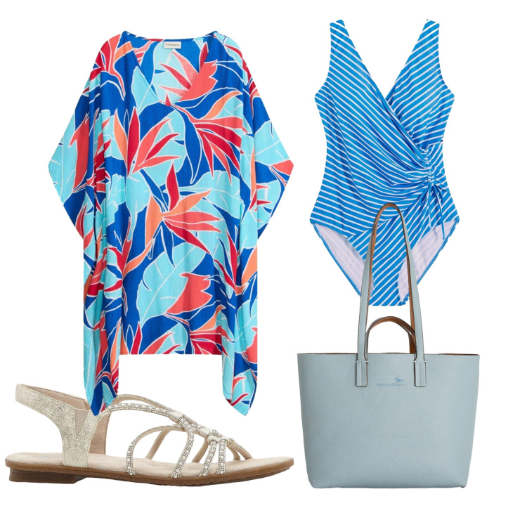 Outfit donna - Spiaggia azzurro. Stile Casual chic per Mare. Abbinamento con shopping bag, sandali, costumi interi, vestiti da spiaggia.