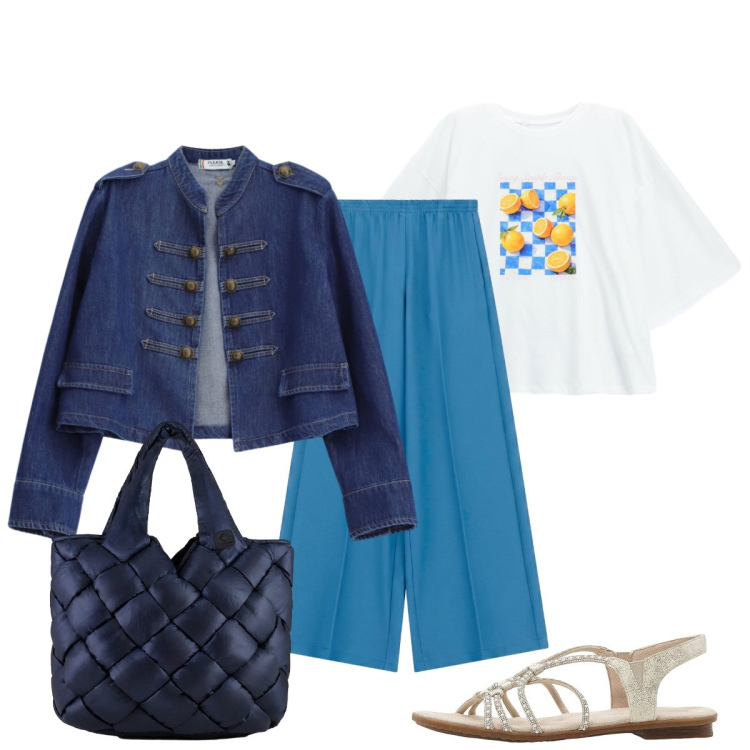 Outfit donna - Eleganza casual. Stile Casual chic per Ufficio. Abbinamento con sandali, borse tote, blazer, pantaloni a palazzo, t-shirt.