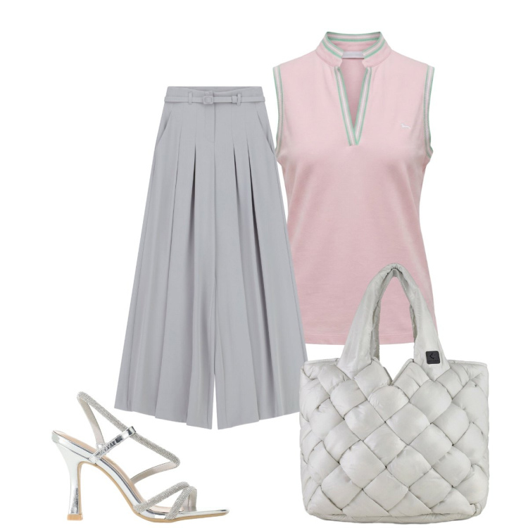 Outfit donna - Casual chic in ufficio. Stile Casual chic per Ufficio. Abbinamento con polo, borse tote, pantaloni a palazzo, sandali col tacco.
