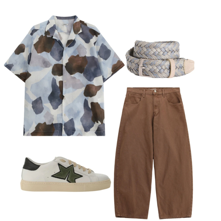 Outfit uomo - Camicia stampata. Stile Casual per Tutti i giorni. Abbinamento con cinture, camicie a manica corta, sneakers, pantaloni.