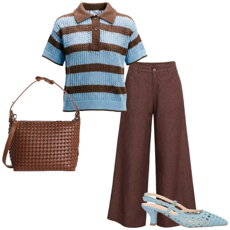 Outfit donna - In città. Stile Casual chic per Ufficio. Abbinamento con décolleté, polo, pantaloni a palazzo, borse a spalla.