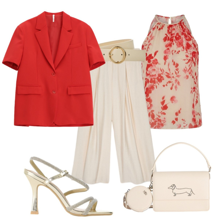 Outfit donna - Cena di lavoro. Stile Glamour per Serata fuori. Abbinamento con cinture, canottiere, blazer, sandali col tacco, borse a tracolla, pantaloni a palazzo.