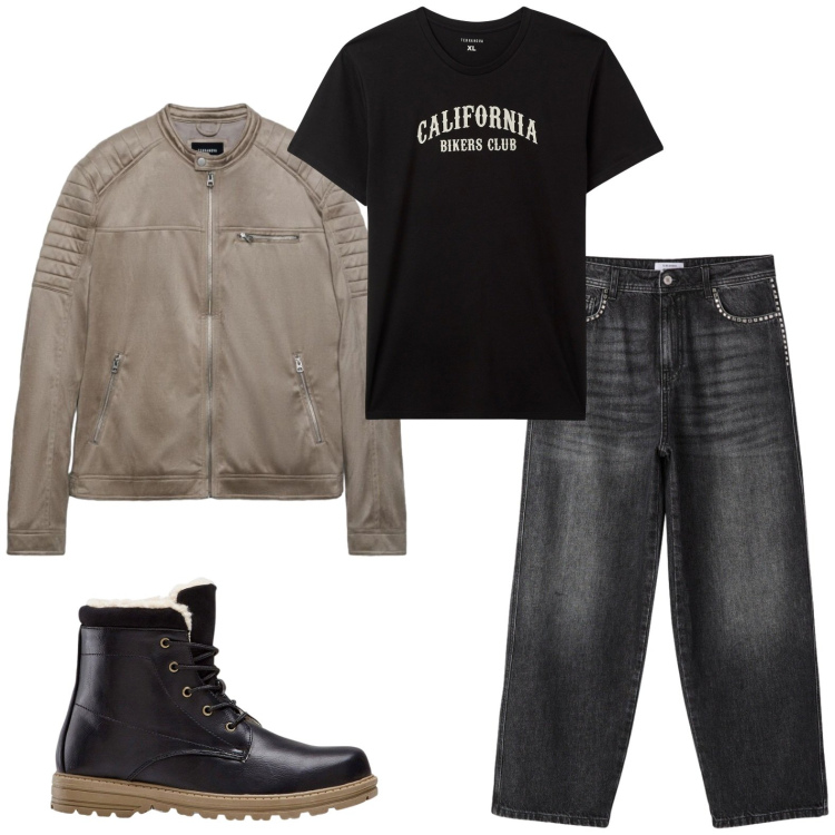 Outfit uomo - In moto a settembre. Stile Biker Rock per Tutti i giorni. Abbinamento con stivali e stivaletti, t-shirt, giacche, jeans.