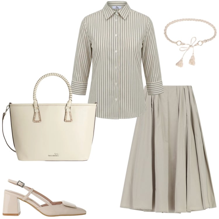 Outfit donna - Appuntamento di lavoro. Stile Casual chic per Ufficio. Abbinamento con camicie, shopping bag, cinture, gonne lunghe, décolleté.