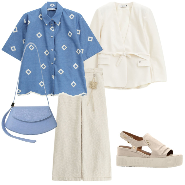 Outfit donna - Riunione. per Ufficio. Abbinamento con sandali, borse a spalla, camicie a manica corta, pantaloni a palazzo, blazer.