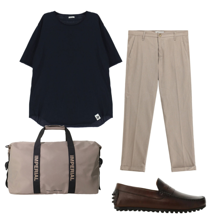 Outfit uomo - In viaggio. Stile Trendy per Tutti i giorni. Abbinamento con t-shirt, scarpe stringate, borse sportive, pantaloni.