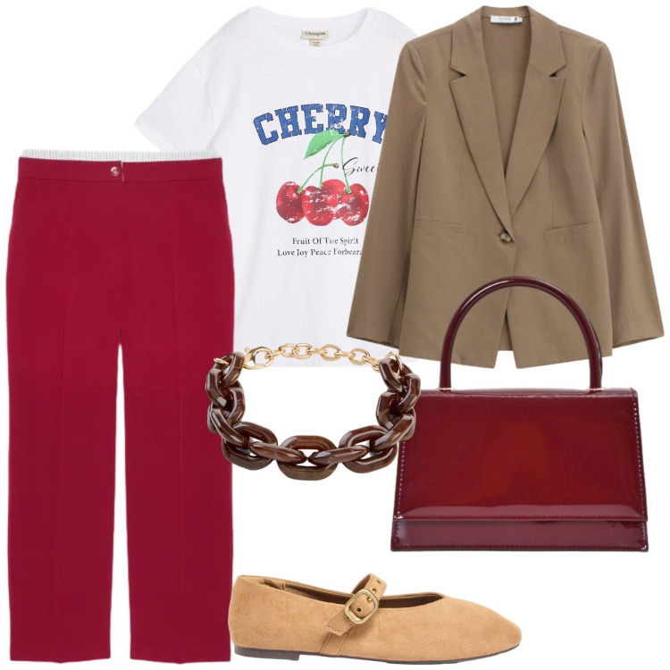 Outfit donna - Per tutto il giorno. per Tutti i giorni. Abbinamento con t-shirt, ballerine, braccialetti, borse a mano, blazer, pantaloni.