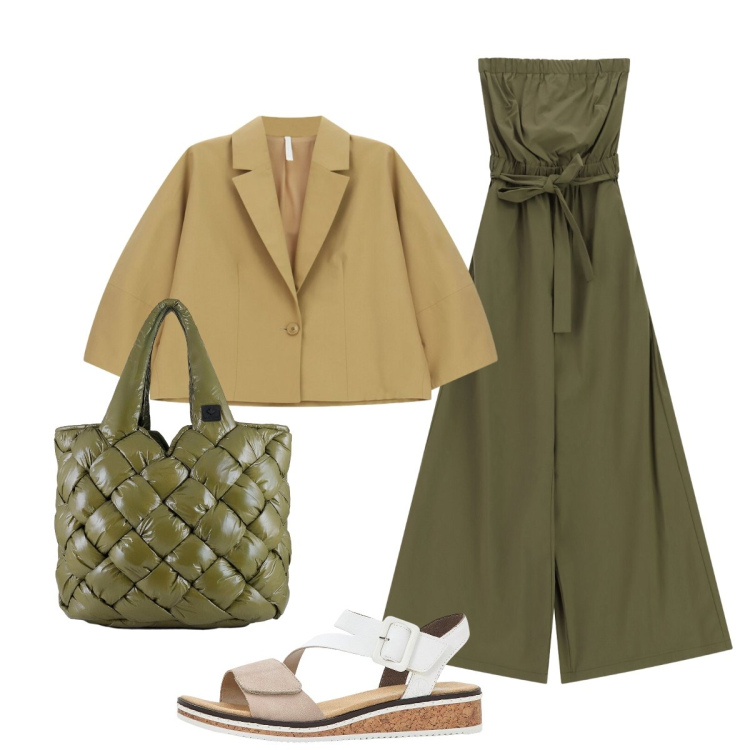 Outfit donna - In città. Stile Glamour per Tutti i giorni. Abbinamento con sandali, blazer, tute, borse tote.