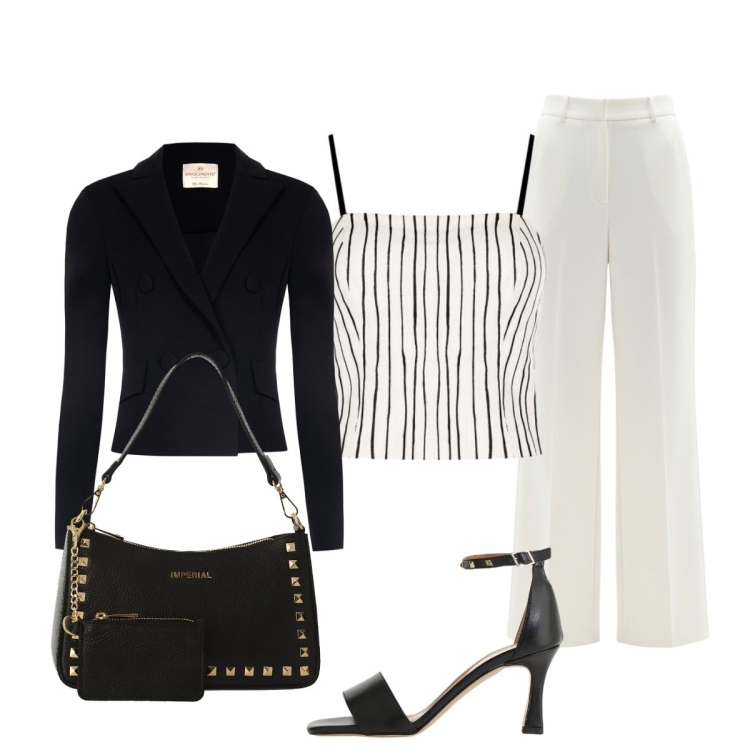 Outfit donna - Tailleur spezzato bianco e nero. Stile Chic per Serata fuori. Abbinamento con pantaloni a palazzo, canottiere, blazer, borse a spalla, sandali col tacco.
