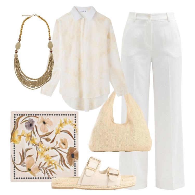 Outfit donna - Stampe e ricami delicati. Stile Casual chic per Tutti i giorni. Abbinamento con ciabatte, shopping bag, foulard, camicie, pantaloni, collane.