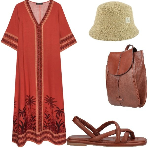 Outfit donna - Estate. Stile Casual per Tutti i giorni. Abbinamento con zaini, ciabatte, caftani, cappelli.