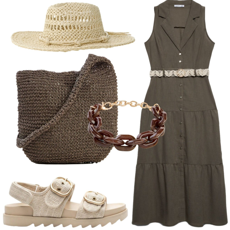 Outfit donna - Etnico chic. Stile Bon Ton per Tutti i giorni. Abbinamento con shopping bag, sandali, braccialetti, vestiti chemisier, cappelli.