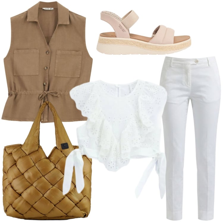 Outfit donna - Top traforato. Stile Casual per Tutti i giorni. Abbinamento con sandali, pantaloni, borse tote, gilet, top.
