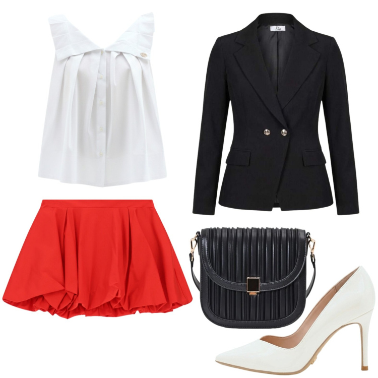 Outfit donna - Eleganza quotidiana. Stile Minimal per Tutti i giorni. Abbinamento con blazer, décolleté, bluse, borse a tracolla, minigonne.