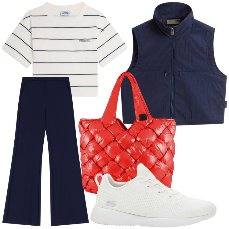 Outfit donna - shirt Cropped. Stile Sporty chic per Sport. Abbinamento con sneakers, pantaloni, t-shirt, borse tote, gilet.