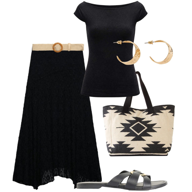 Outfit donna - Il nero d’estate. Stile Trendy per Tutti i giorni. Abbinamento con orecchini, ciabatte, shopping bag, top, gonne lunghe, cinture.