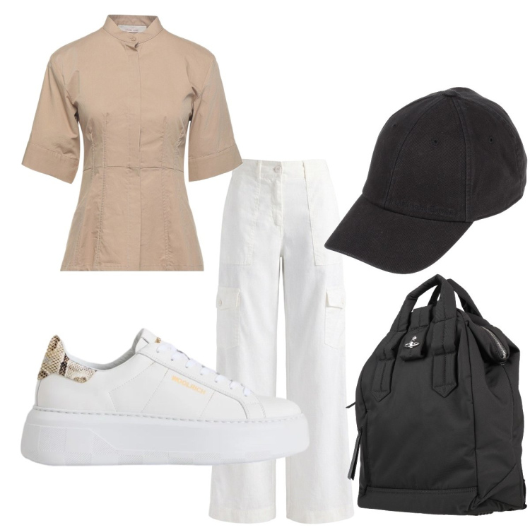 Outfit donna - In partenza. Stile Basic per Tutti i giorni. Abbinamento con camicie a manica corta, zaini, cappelli con visiera, pantaloni cargo, sneakers.