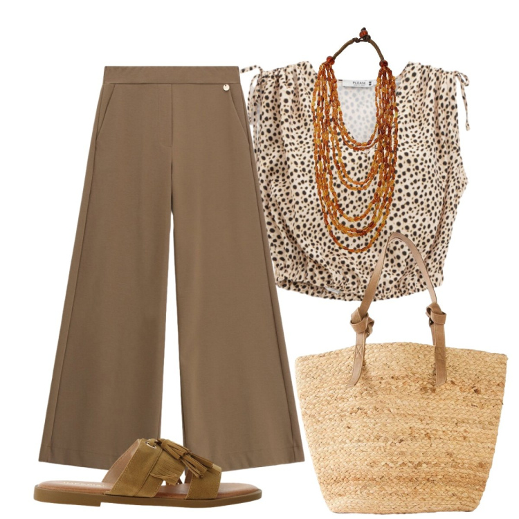 Outfit donna - Al centro commerciale. Stile Casual chic per Tutti i giorni. Abbinamento con shopping bag, top, pantaloni a palazzo, collane, sandali.