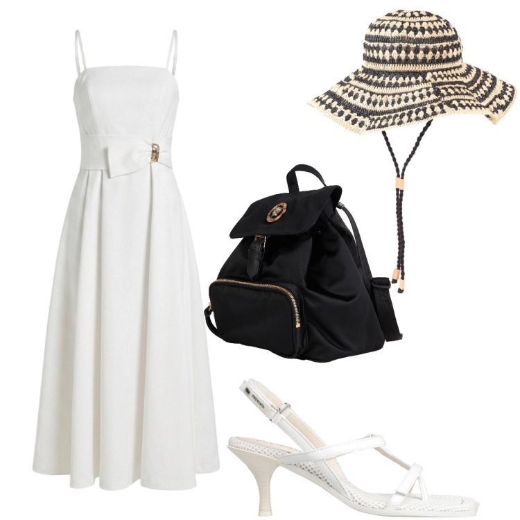 Outfit donna - Pranzo al ristorante. Stile Chic per Tutti i giorni. Abbinamento con zaini, infradito, cappelli, vestiti asimmetrici.