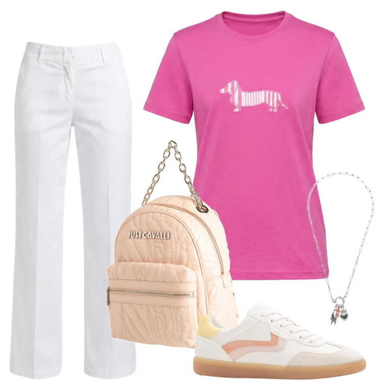 Outfit donna - Total look #2437568. Stile Casual chic per Tutti i giorni. Abbinamento con zaini, sneakers, t-shirt, pantaloni, ciondoli.