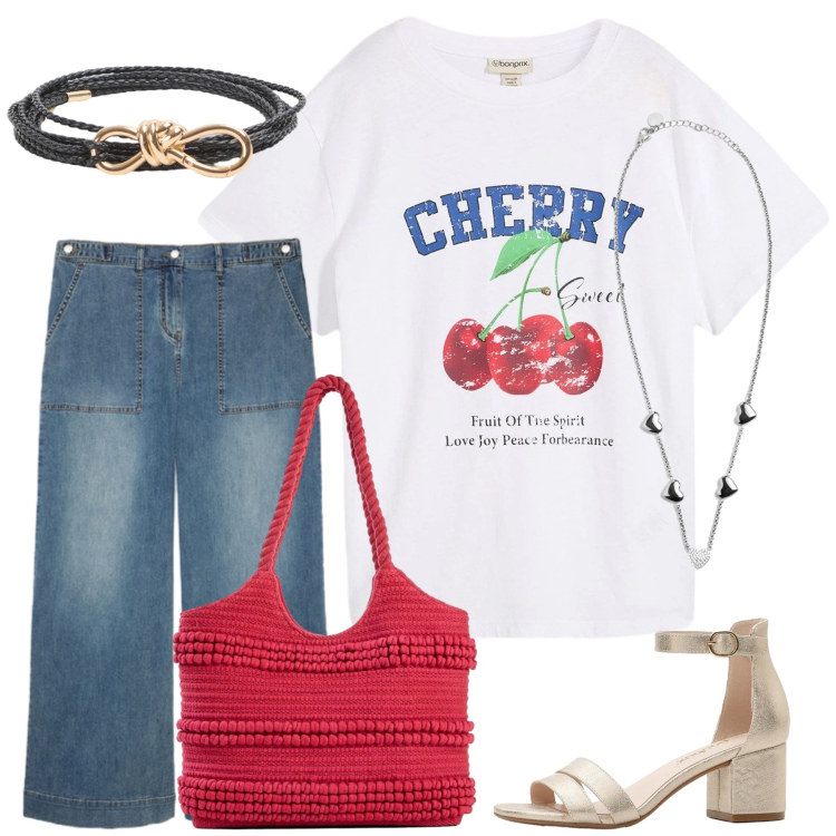 Outfit donna - Total look #2437569. Stile Casual chic per Tutti i giorni. Abbinamento con shopping bag, t-shirt, sandali col tacco, cinture, jeans, collane.