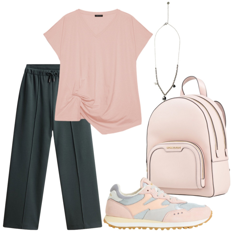 Outfit donna - Total look #2437573. Stile Casual chic per Tutti i giorni. Abbinamento con zaini, t-shirt, ciondoli, pantaloni, sneakers.