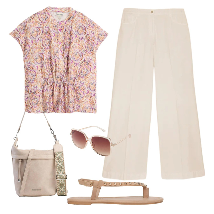 Outfit donna - Stampa Paisley. Stile Casual per Ufficio. Abbinamento con bluse, occhiali da sole, borse a tracolla, ciabatte, pantaloni a palazzo.