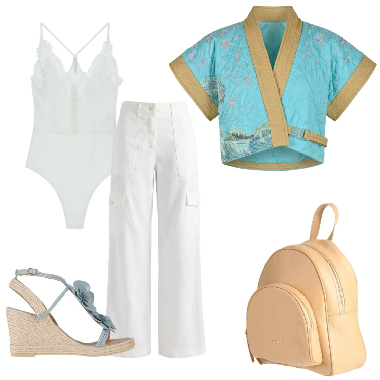 Outfit donna - Total look #2437580. Stile Glamour per Serata fuori. Abbinamento con zaini, espadrillas, pantaloni cargo, kimono, top.
