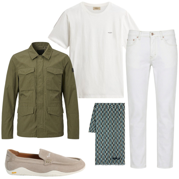 Outfit uomo - Sahariana. Stile Casual per Tutti i giorni. Abbinamento con jeans, sciarpe, scarpe stringate, cappotti, t-shirt.