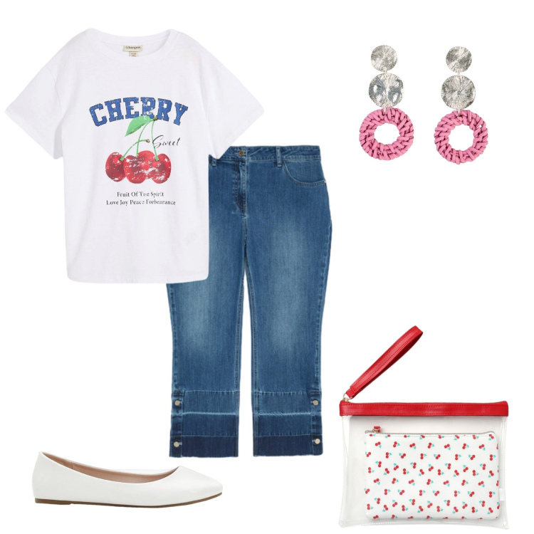 Outfit donna - Total look #2437585. Stile Casual per Tutti i giorni. Abbinamento con ballerine, t-shirt, orecchini, pochette, jeans.